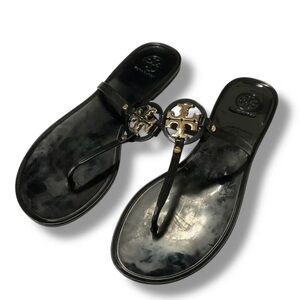 Tory Burch Black jelly sandals with Gold Emblem